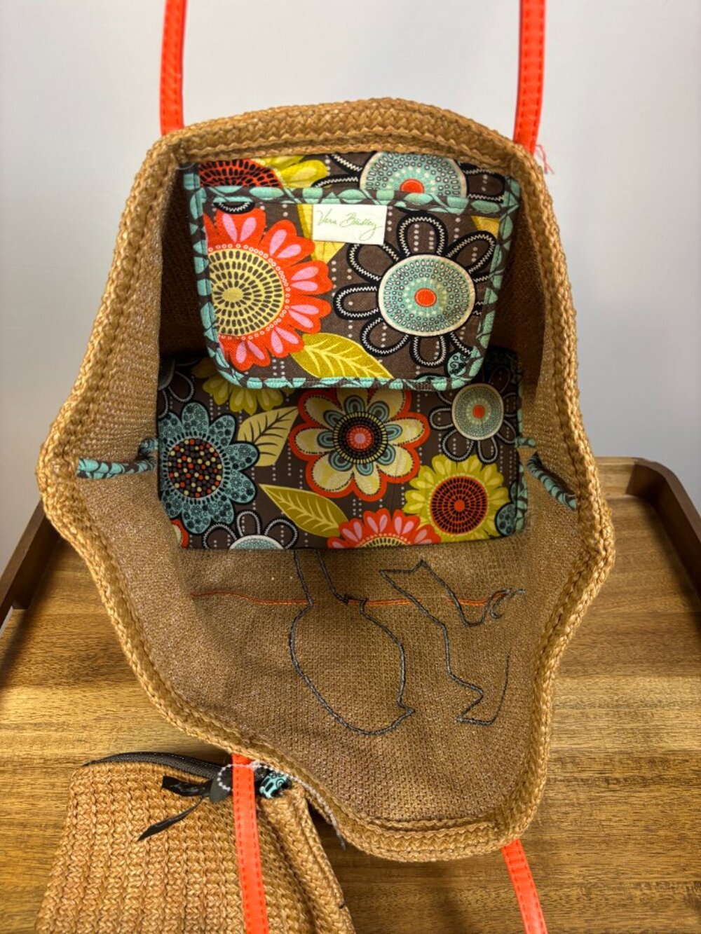 Vera Bradley Flower Shower Bird Applique Tan Woven Large Straw Tote & Wristlet - Picture 8 of 10